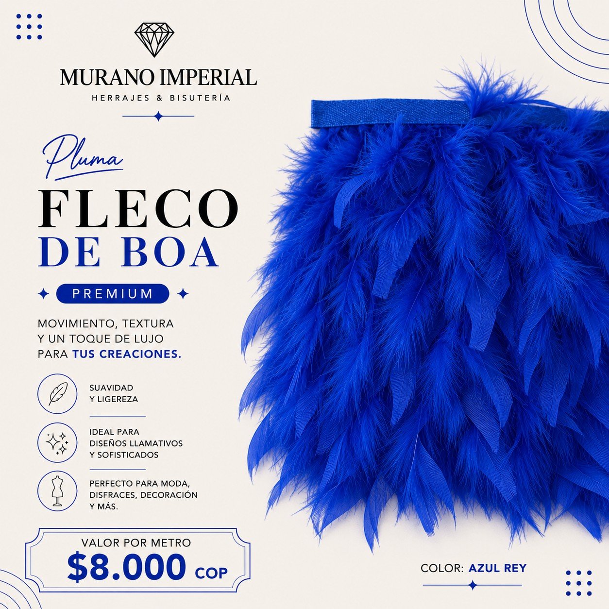 Pluma Fleco de Boa Azul Rey